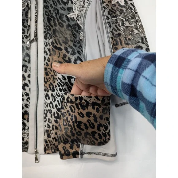 Joseph Ribkoff Leopard Print‎ Lace Embellished Zip Front Hooded Jacket Women 12 - Picture 8 of 10